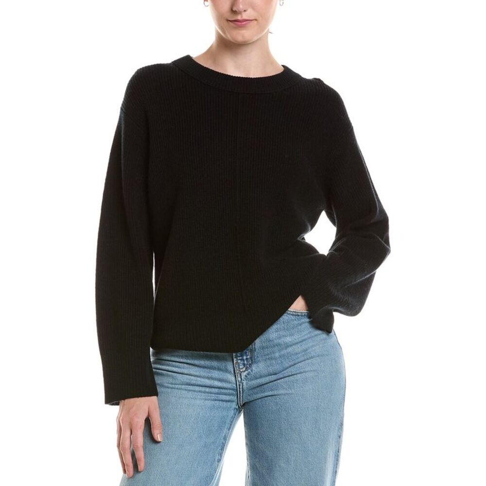 Forte Cashmere Womens  Rib Easy Crewneck 100% Cashmere Sweater, Black